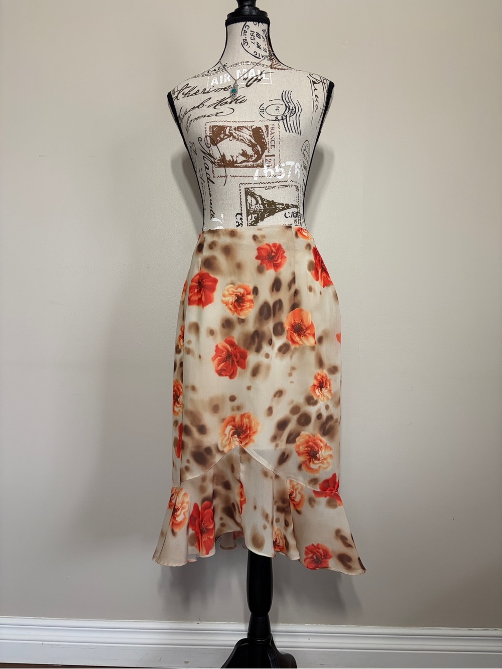Y2K 2000’s Tan Cream Whimsy Fairy Red Floral Animal Print Ruffle Hem Midi Skirt
